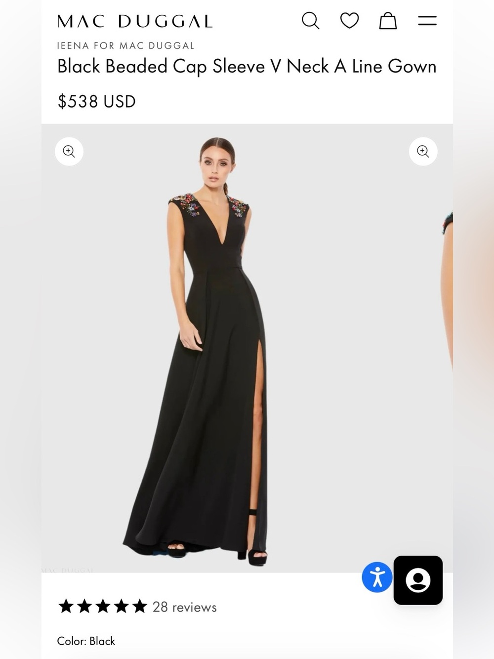Mac Duggal Black Beaded Cap Sleeve V-Neck A-Line Gown Dress Formal